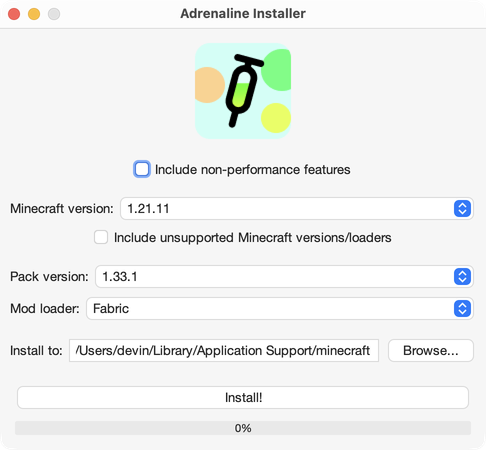 Screenshot of the Additive installer, with Adrenaline selected
